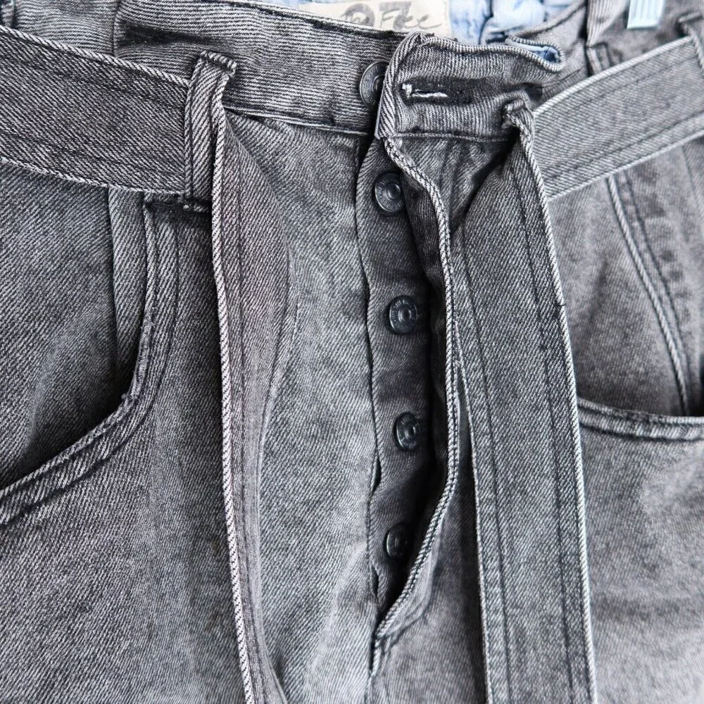 FP We The Free Belted Denim Skirt Grey Black Mini Raw Hem Boho Women's Size 27